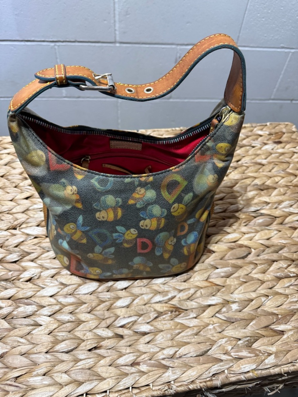 Dooney & Bourke Multicolor Bee Print Shoulder Bag with Tan Trim